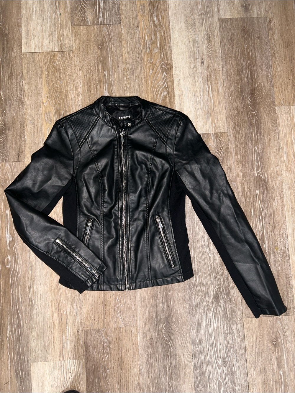 Express Black Faux Leather Moto Jacket with Zip Details